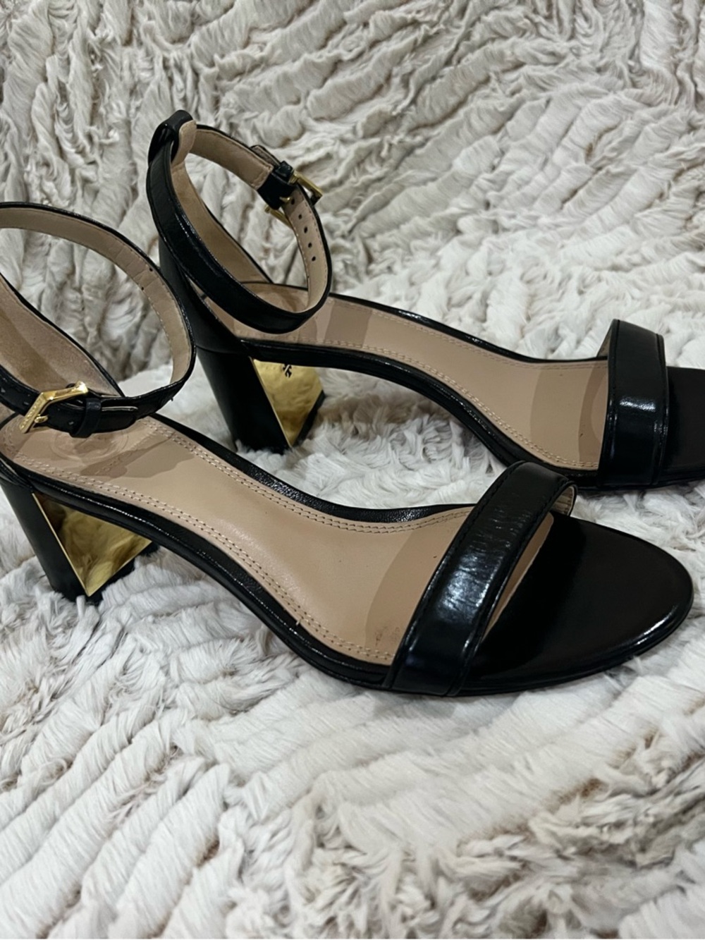 Tory Burch Black Patent Ankle-Strap Block Heel Sandals with Gold Accent